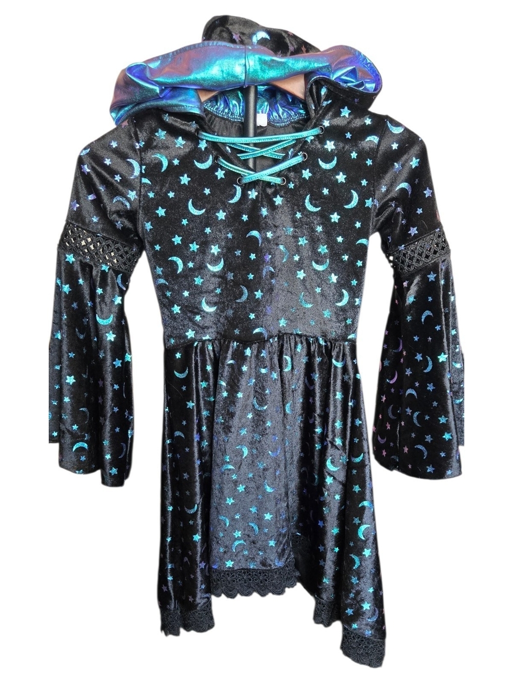 Girls Spirit Black Dress Costume with Teal Moon & Star Accents Sz M